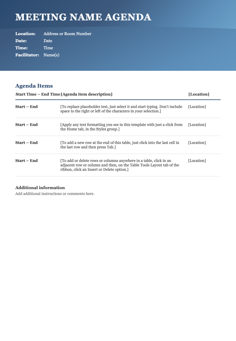 Blue curve meeting agenda - Professional meeting agenda template with elegant blue gradient header and tabular schedule layout.